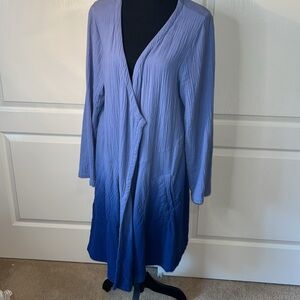 Blue Gauze Ombré long waterfall front long jacket. S. Side pockets. Lightweight.